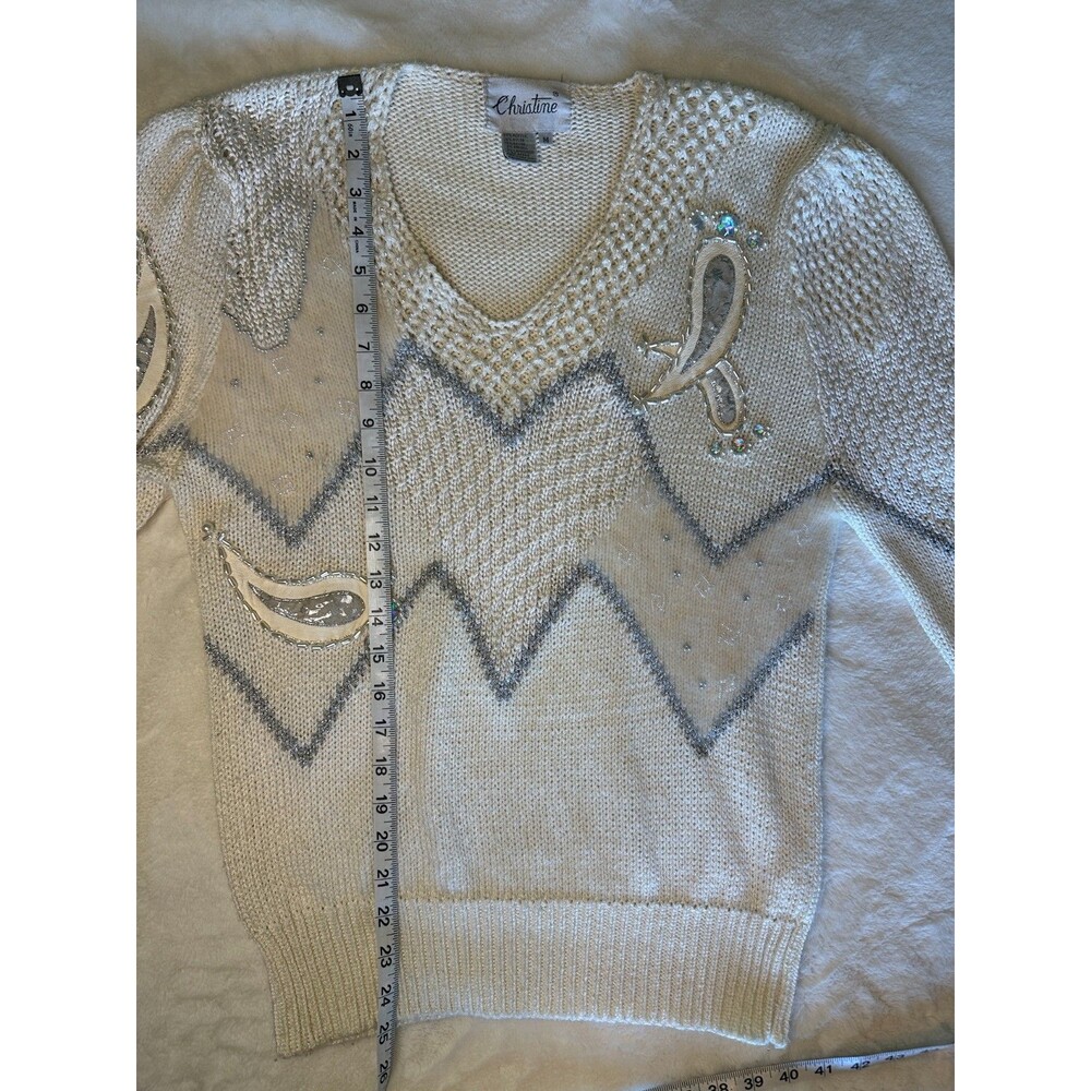 VNTG 80s Christine Women's M Sweater Beaded Embellished Cream Grandmacore Glam - Picture 9 of 10